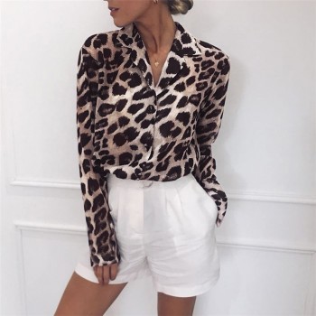 Long Sleeve Sexy Leopard Print Blouse Turn Down Collar Top Brown GRAY PINK White